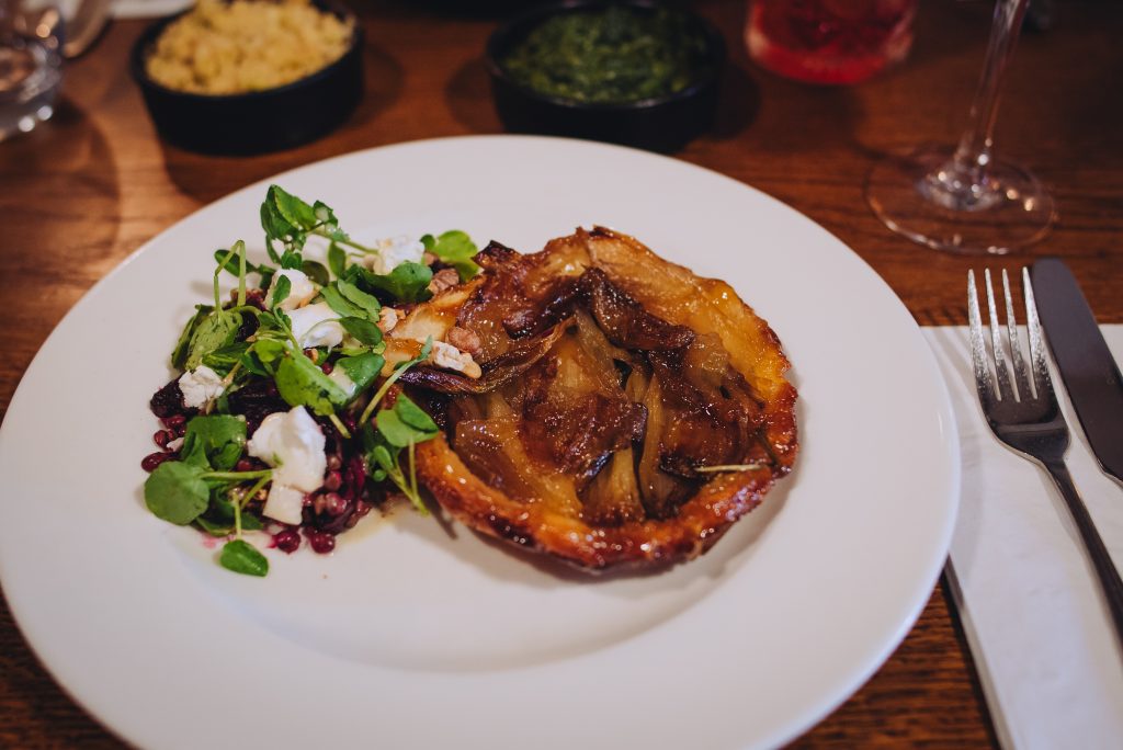 Vegetarian Shallot Tart Tatin with Beetroot and Goats Cheese Salad